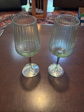Set of 2 BKLYN Steel Co Iridescent Green Ribbed Wine Glasses NWT